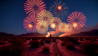 Fireworks Over the Desert - A vibrant display of fireworks over a serene desert landscape. background copyspace