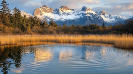 Fototapeta premium Serene mountain landscape with a reflective pond and golden reeds under a cloudy sky.