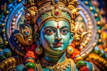 Low Light Vishnu Statue Close Up - Detailed Hindu Deity Sculpture Photography