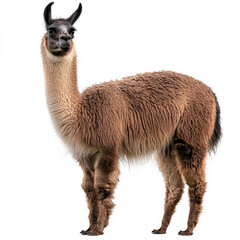 Fototapeta premium llama stands isolated on white background, showcasing its fluffy fur and unique features. This animal exudes calm and curious demeanor, making it fascinating subject