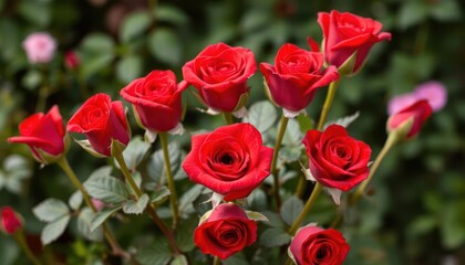 Obraz premium A vibrant bouquet of red roses surrounded by lush green foliage.