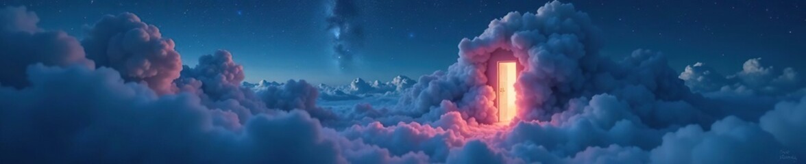 Whispering clouds with wispy tendrils reaching doorways in misty night sky, fog, clouds, mystical