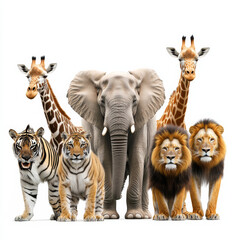 majestic group of wild animals including elephant, lions, tigers, and giraffes, showcasing beauty of nature and wildlife. This vibrant scene captures essence of animal kingdom