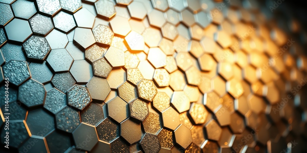 Wall mural abstract metallic hexagon pattern background with golden highlights