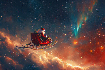 anta Claus riding his sleigh across a starry night sky with the Northern Lights in the background