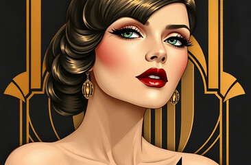 Art Deco Illustration Portrait Painting of a Woman with Elegant Hairstyle and Makeup