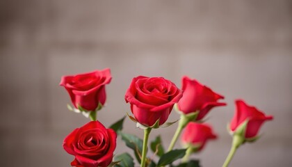 Fototapeta premium A bouquet of vibrant red roses against a soft background, symbolizing love and beauty.