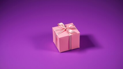 Obraz premium A small pink gift box with a delicate light pink ribbon bow sits on a purple background.
