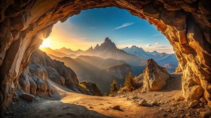 Sunlit cave entrance in mountains with minimalist design