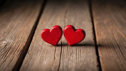 Two Red Hearts on a Wooden Surface
