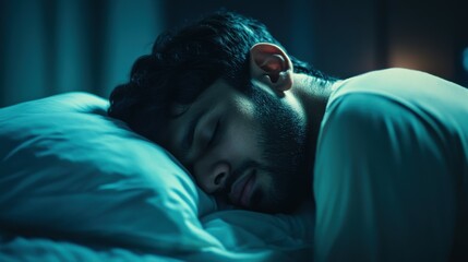people, bedtime and rest concept - indian man sleeping in bed at home at night