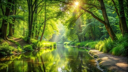 Obraz premium Sunlit forest path with dense foliage and stream reflections