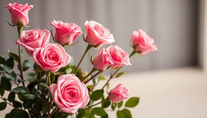 A bouquet of pink roses arranged elegantly on a table.