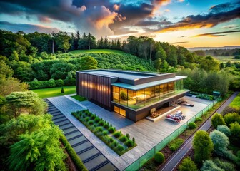 Naklejka premium Lush Green Architecture: Mic Recording Studio Design, Modern Green Building, Sustainable Eco-Friendly Architecture, Green Spaces, Architectural Photography