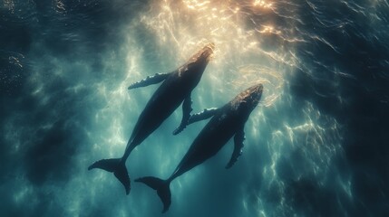 Fototapeta premium Two graceful whales swimming together in peaceful ocean waters during daylight