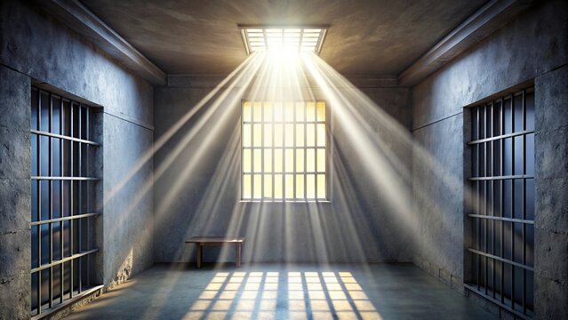 Sunlit prison cell with beams of light shining through a barred window