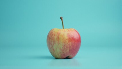 Fresh red and yellow apple standing on turquoise background