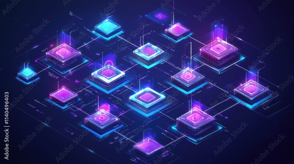 Poster visual representation of blockchain network with decentralized nodes and digital technology elements