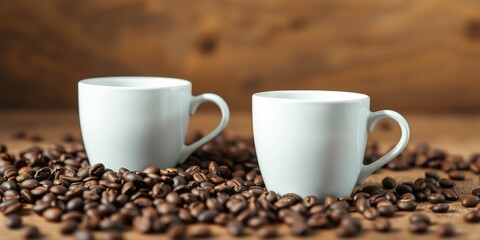 Two white espresso cups nestled amongst roasted coffee beans on a wooden surface