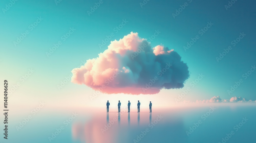 Poster team collaboration in cloud computing environment with abstract symbolism of cloud technology