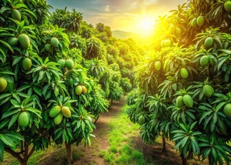 Obraz premium Lush Green Mango Orchard Aerial View - Drone Photography, High-Resolution Aerial Image of Mango Plantation, Green Mango Trees from Above