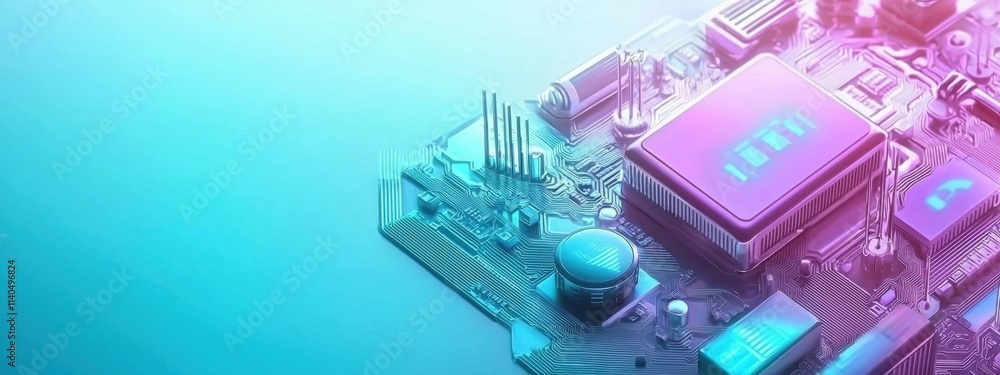 Poster close-up of a colorful circuit board with integrated chip and electronic components highlighted in b
