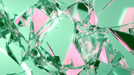Abstract shattered mirror design, glowing neon green and pink shards radiate from the center, clean white background for perfect separation, crystalline textures, polished glass surfaces reflecting so