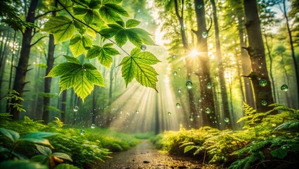 Obraz premium Lush Rainforest After Rain Double Exposure Photography - Vibrant Green Plants, Water Droplets, Mystical Forest