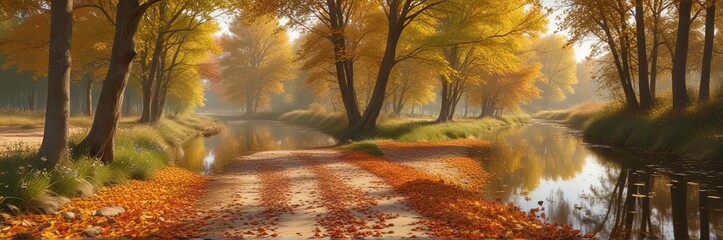 Fototapeta premium A scattering of autumn dry leaves along the edge of a picturesque canal beside a golden field with tall trees and wildflowers, rural scene, seasons, dry leaves