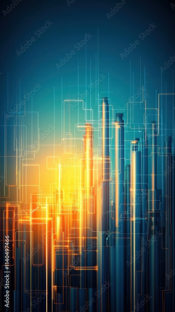 Poster abstract digital cityscape with glowing lines and vertical structures illuminated by a warm radiant 
