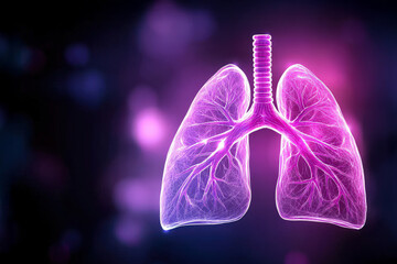 A glowing, stylized representation of human lungs in vibrant purple hues, illustrating the respiratory system against a blurred background.