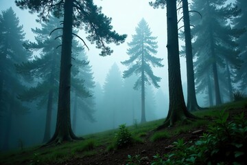 Fototapeta premium dense forest with towering trees swaying in wind, fog, hill, forest