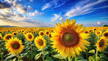 Sunny field of sunflowers against blue sky