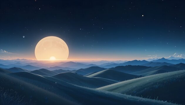 Minimalist illustration of rolling hills at night with a big sun setting and many stars in the sky