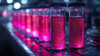 Biotech Scientists Rigorously Testing Synthetic Blood in Sleek Glass Tubes with Glowing Results on Floating Screens