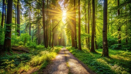 Sunny forest trail in summer with low angle perspective