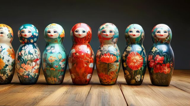 Vibrant row of traditional Russian nesting dolls adorned with floral patterns, set against a garden backdrop
