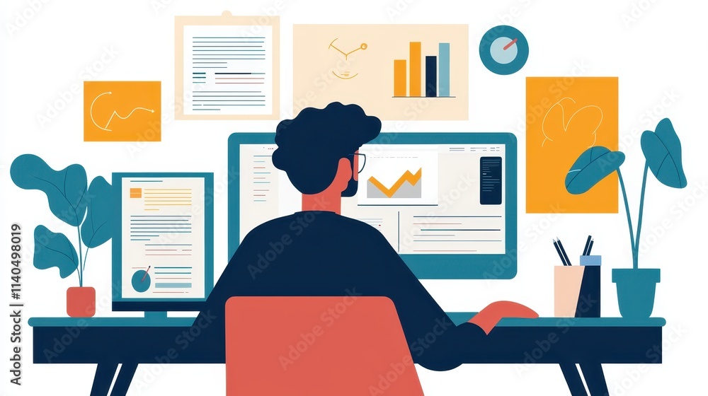Poster expert analyzing data in digital workplace with automation and system charts for enhanced productivi