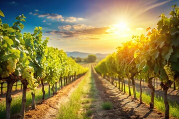 Naklejka premium Sunny grape field with selective focus in long shot