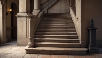 Obraz premium Wooden treads and steps of a historic staircase with stone columns , treads, historic