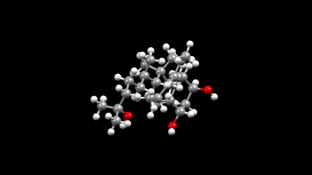 Structure of vitamin D3 (calcitriol). Animated 3D ball-and-stick and space-filled models, black background