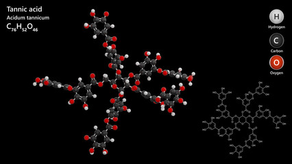 Molecule: Tannic Acid. Molecular structure. Formula: C76H52O46. Chemical model: Ball and stick. Black background. 3D illustration.