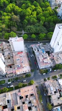 Gran parque verde rodeado de edificios y avenidas con tr&aacute;fico ligero en la ciudad de Lima, en un d&iacute;a de verano vista desde un drone