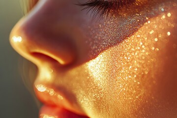 Sparkling glow on a woman's face nature background close-up vibrant light beauty concept