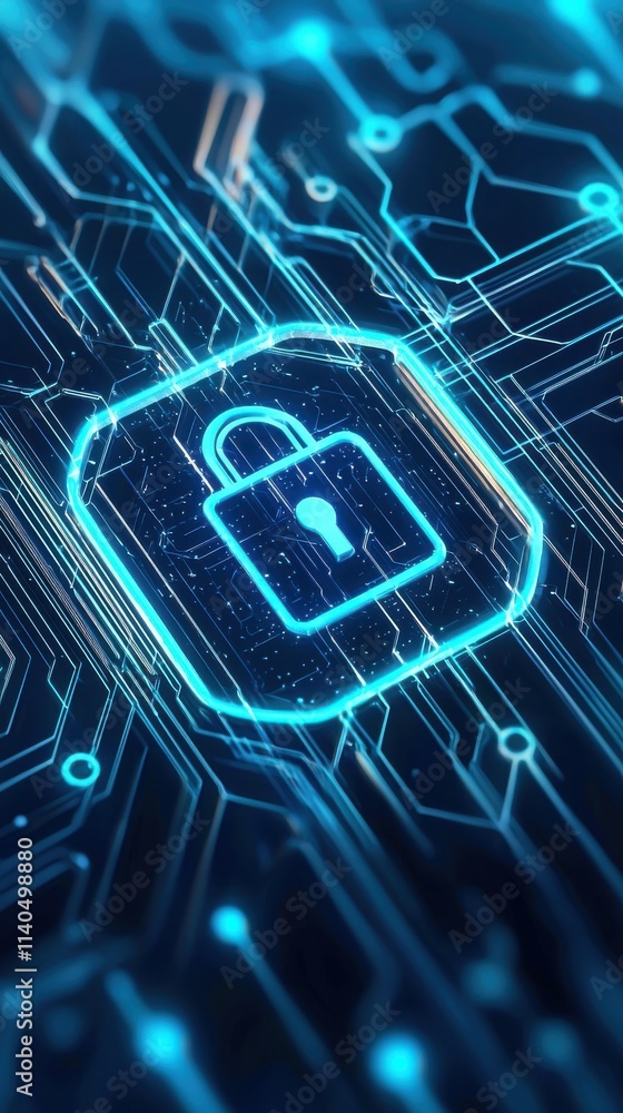 Poster futuristic digital security lock icon on circuit board background representing cybersecurity and dat