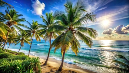 Obraz premium Sunny summer day by the beach with palm trees and ocean views