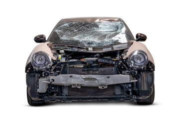 Damaged car with shattered windshield and exposed internal parts after accident. png file. transparent background