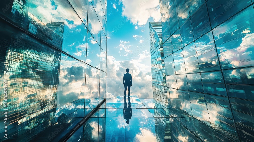 Poster professional individual accessing innovative platform in futuristic urban setting with reflections a