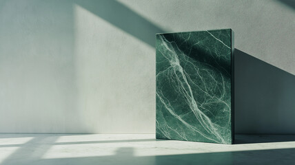 Green marble slab on white surface. Concept of luxury, elegance, and design.