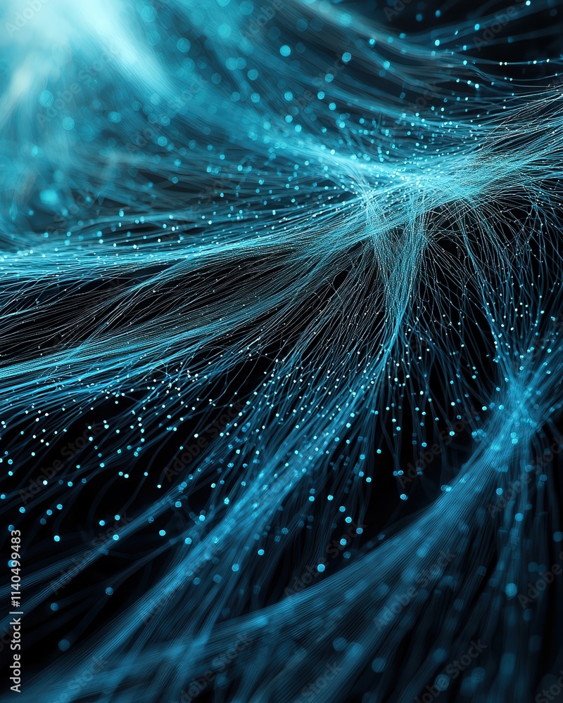 Poster abstract representation of fluid energy flow with light blue particles on a dark background, featuri